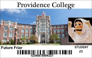 A photograph of the Providence College standard ID card, with an image of harkins hall on the front.